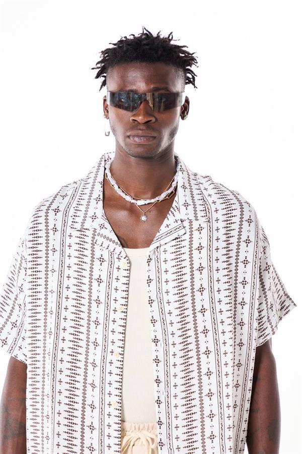 Sembol Desenli Basic Tasarım Gömlek - Beyaz-Kahve