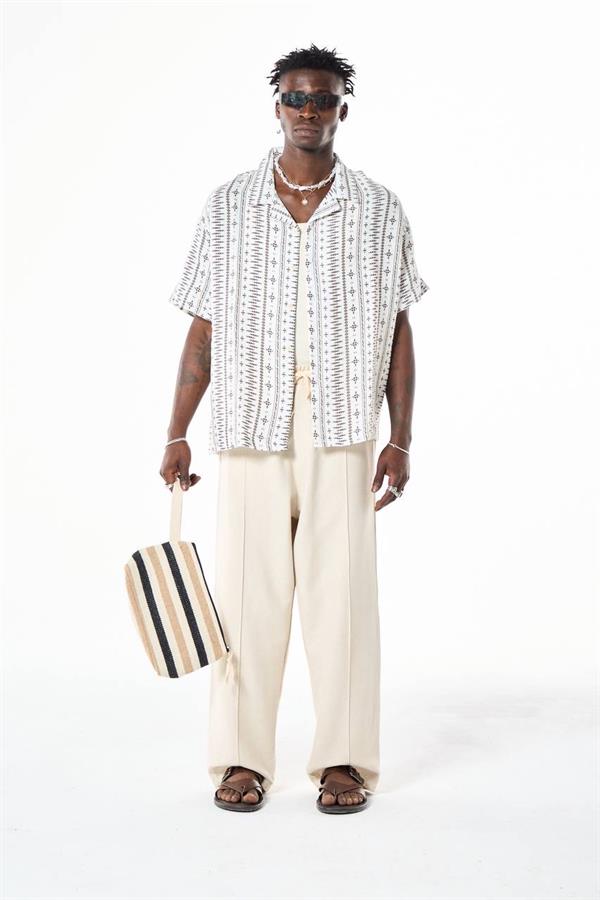 Sembol Desenli Basic Tasarım Gömlek - Beyaz-Kahve