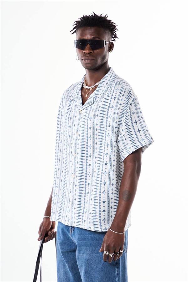 Sembol Desenli Basic Tasarım Gömlek - Beyaz-Mavi