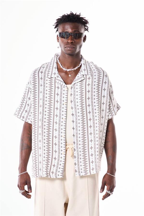 Sembol Desenli Basic Tasarım Gömlek - Beyaz-Kahve