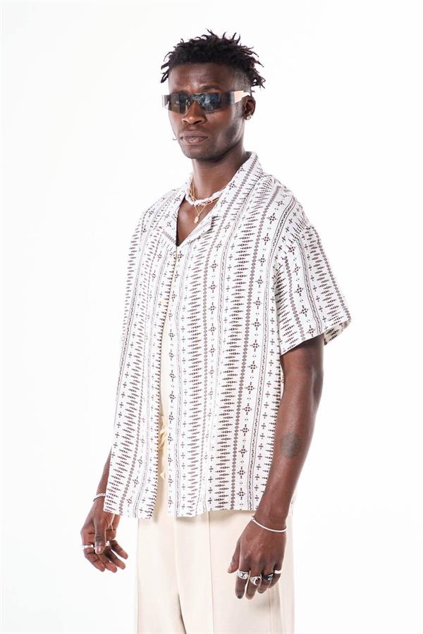 Sembol Desenli Basic Tasarım Gömlek - Beyaz-Kahve