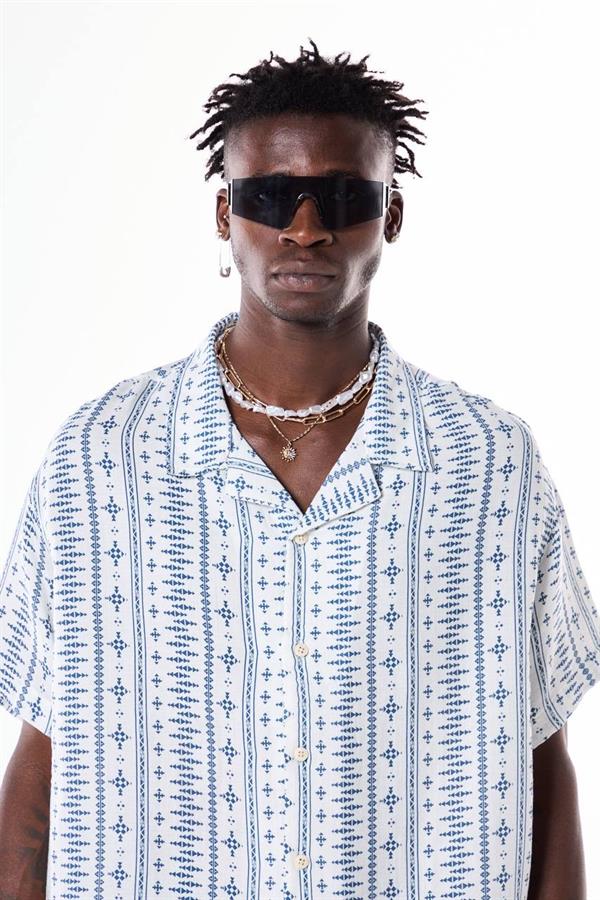 Sembol Desenli Basic Tasarım Gömlek - Beyaz-Mavi