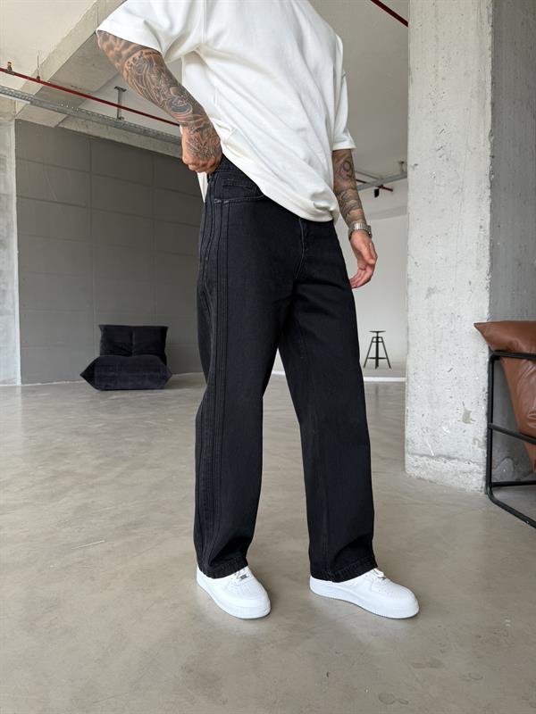 Şeritli Premium Baggy Pantolon - Siyah