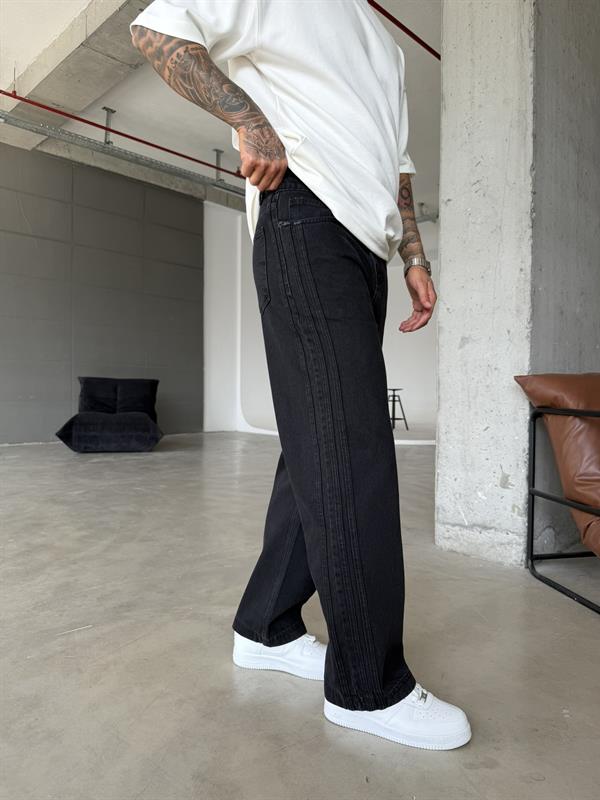 Şeritli Premium Baggy Pantolon - Siyah
