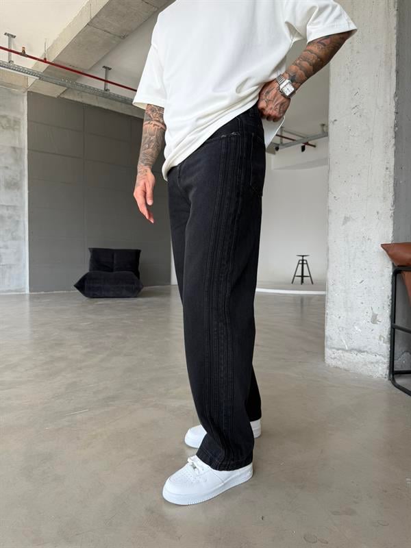 Şeritli Premium Baggy Pantolon - Siyah