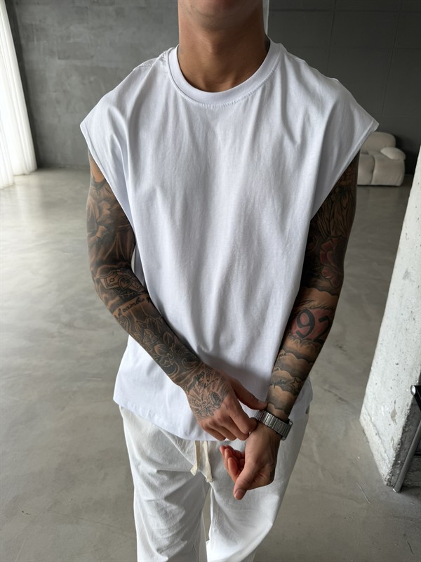 Sıfır Kol Basic Oversize T-Shirt - Beyaz