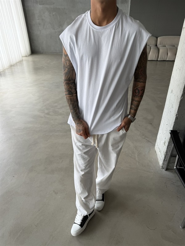 Sıfır Kol Basic Oversize T-Shirt - Beyaz