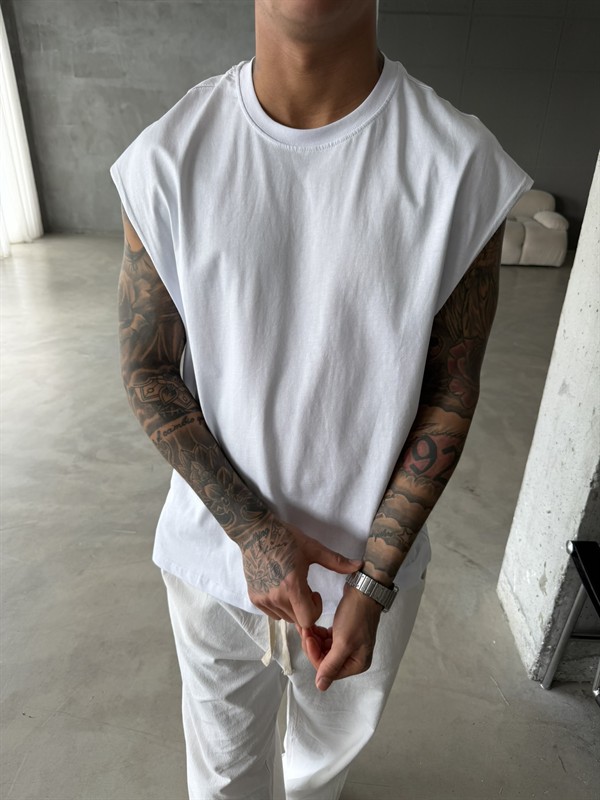 Sıfır Kol Basic Oversize T-Shirt - Beyaz