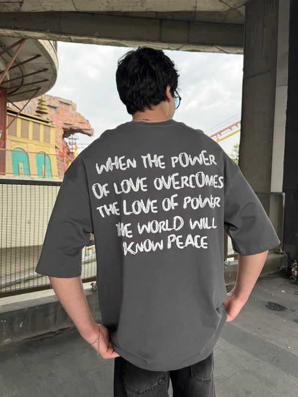 Sırt Nakış Detaylı When The Power T-Shirt- Füme