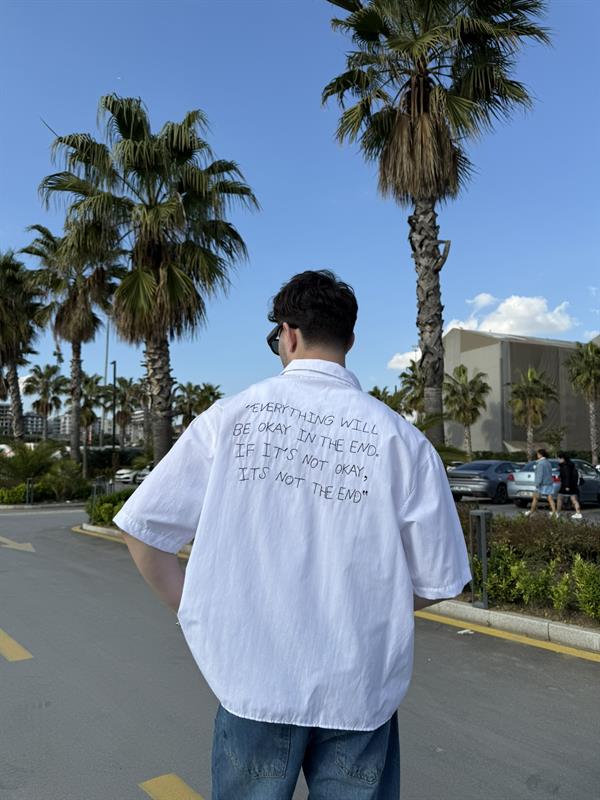 Sırt Yazı Nakışlı Kısakol Gömlek - Beyaz