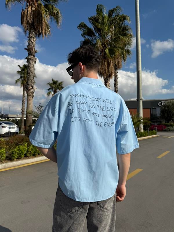 Sırt Yazı Nakışlı Kısakol Gömlek - Mavi