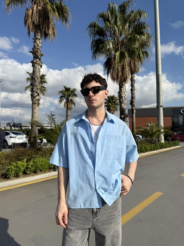 Sırt Yazı Nakışlı Kısakol Gömlek - Mavi