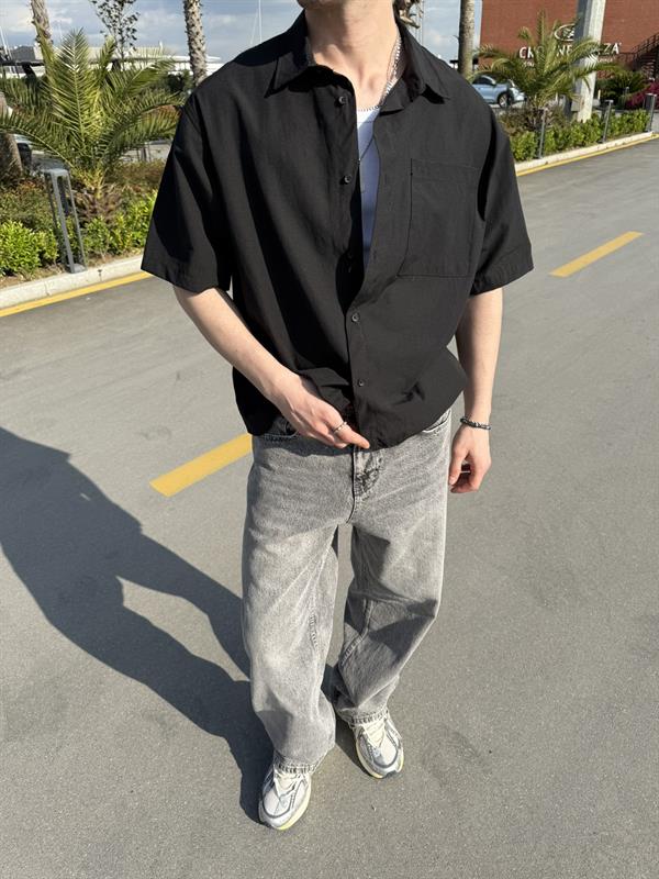 Sırt Yazı Nakışlı Kısakol Gömlek - Siyah