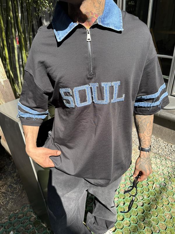 Soul Polo Yaka Yaka Detaylı T-Shirt - Siyah