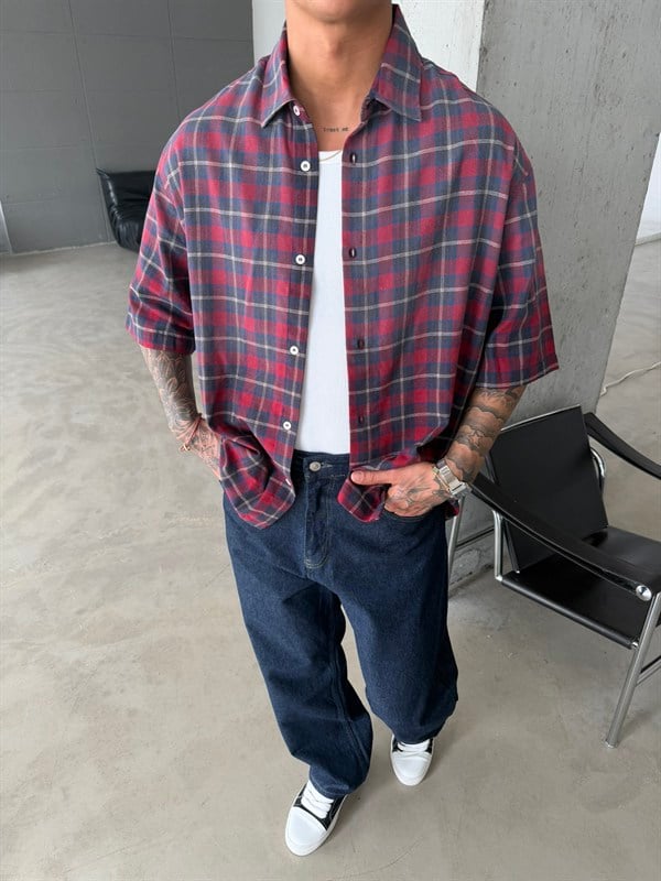 Spreyli Premium 08 Ekose Gömlek - Kırmızı