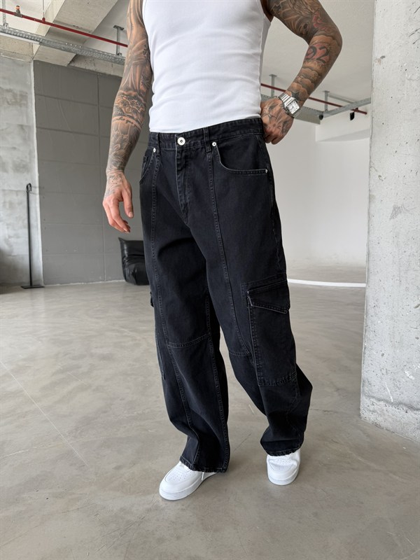 Super Baggy Dessining Kargo Pantolon - Siyah