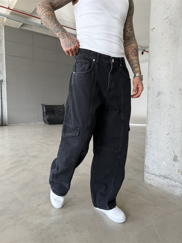 Super Baggy Dessining Kargo Pantolon - Siyah