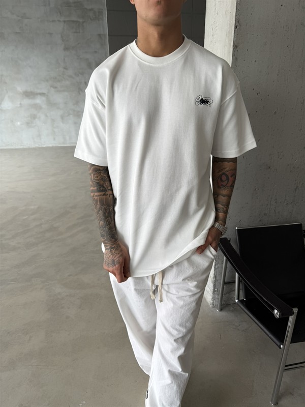 Sw Ön Cift Nakış Dessing T-Shirt - Beyaz