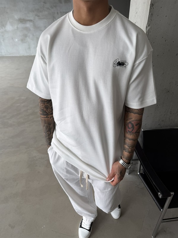 Sw Ön Cift Nakış Dessing T-Shirt - Beyaz