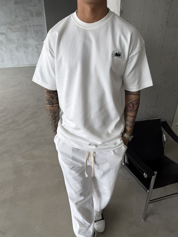 Sw Ön Cift Nakış Dessing T-Shirt - Beyaz