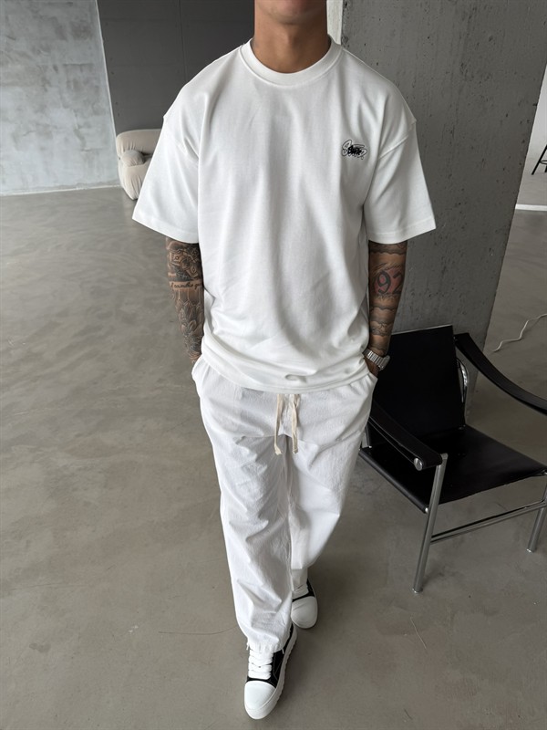 Sw Ön Cift Nakış Dessing T-Shirt - Beyaz