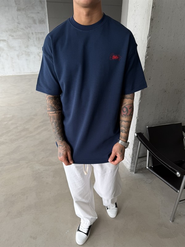 Sw Ön Cift Nakış Dessing T-Shirt - İndigo