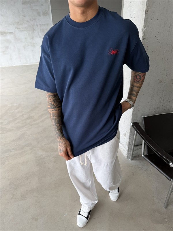 Sw Ön Cift Nakış Dessing T-Shirt - İndigo