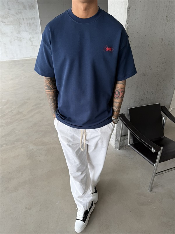 Sw Ön Cift Nakış Dessing T-Shirt - İndigo