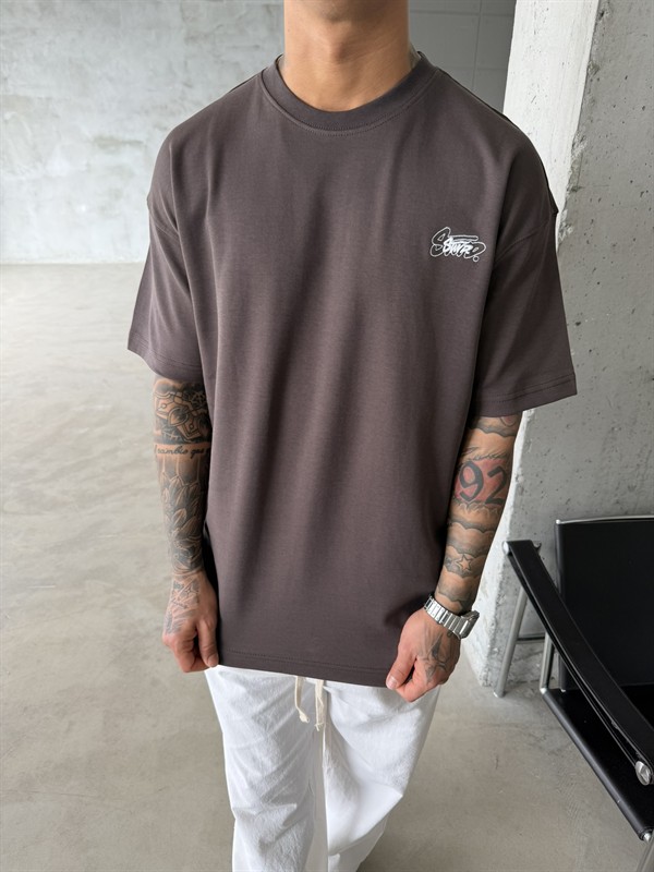 Sw Ön Cift Nakış Dessing T-Shirt - Kahve
