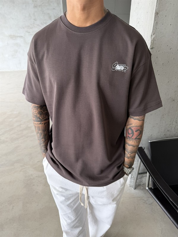 Sw Ön Cift Nakış Dessing T-Shirt - Kahve
