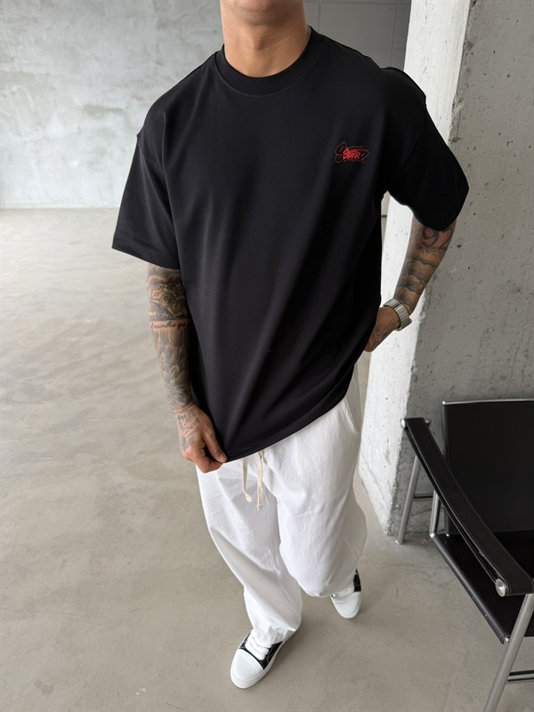 Sw Ön Cift Nakış Dessing T-Shirt - Siyah