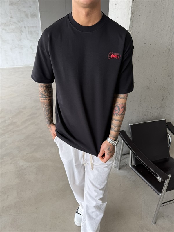 Sw Ön Cift Nakış Dessing T-Shirt - Siyah