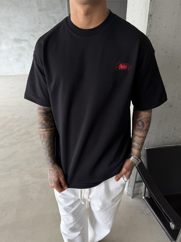 Sw Ön Cift Nakış Dessing T-Shirt - Siyah