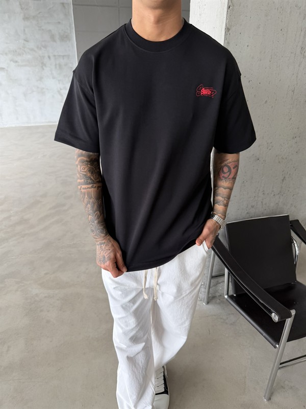 Sw Ön Cift Nakış Dessing T-Shirt - Siyah