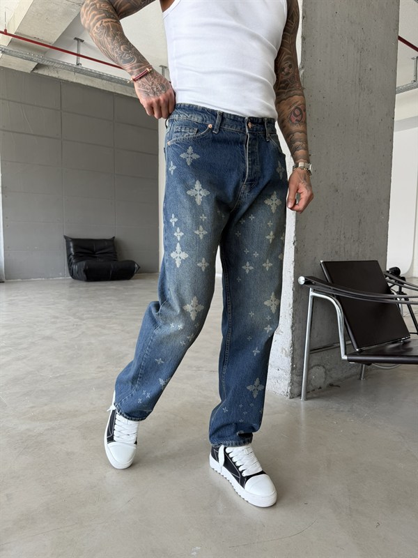 Tasarım Desenli Baggy Pantolon - Mavi