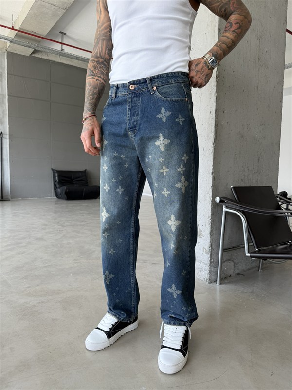 Tasarım Desenli Baggy Pantolon - Mavi