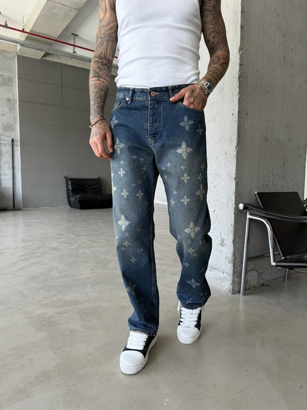 Tasarım Desenli Baggy Pantolon - Mavi