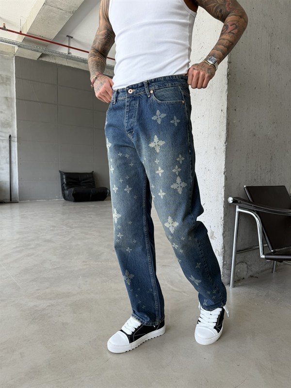 Tasarım Desenli Baggy Pantolon - Mavi