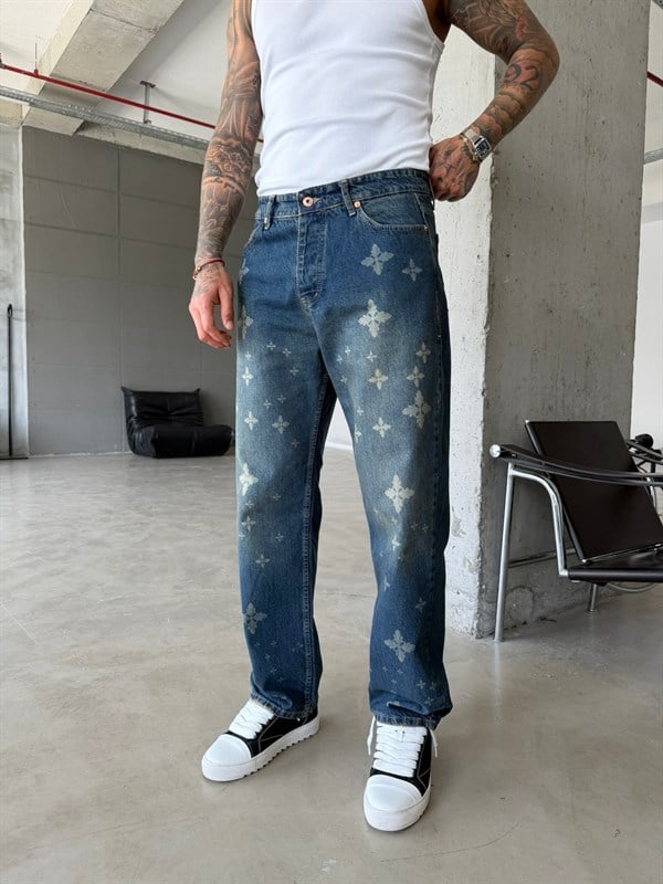 Tasarım Desenli Baggy Pantolon - Mavi