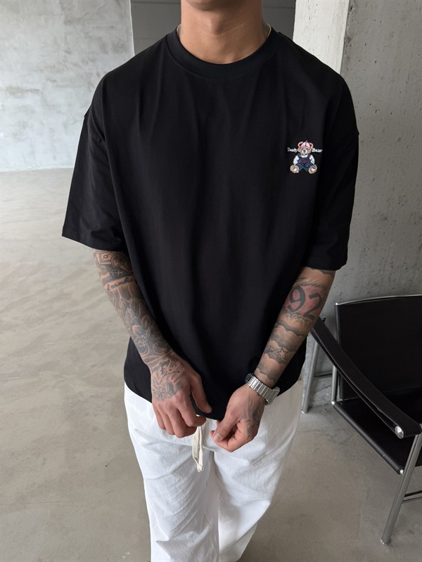 Tedy Bear Nakışlı Basic T-Shirt - Siyah