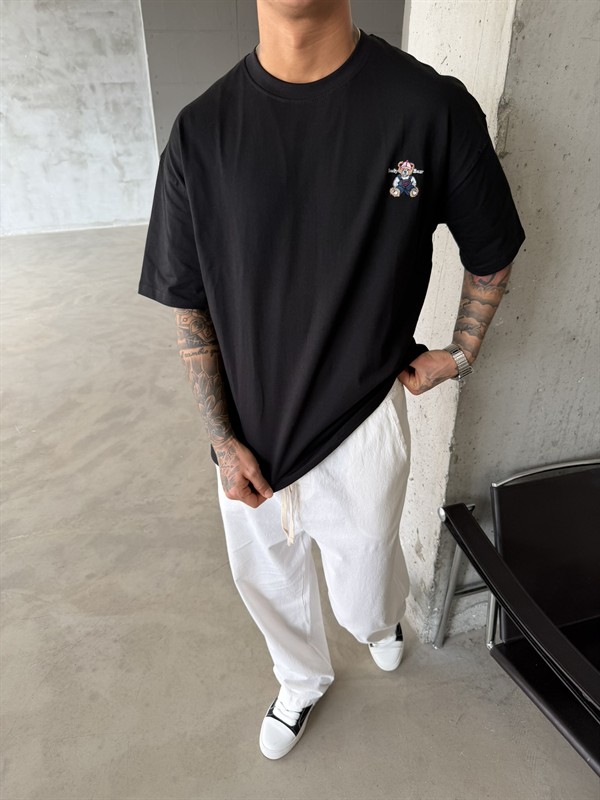 Tedy Bear Nakışlı Basic T-Shirt - Siyah
