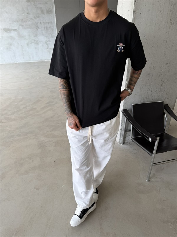 Tedy Bear Nakışlı Basic T-Shirt - Siyah