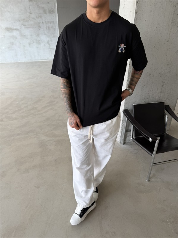 Tedy Bear Nakışlı Basic T-Shirt - Siyah