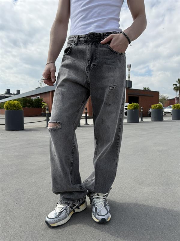 Tek Diz Yırtık Detaylı Baggy Pantolon - Gri