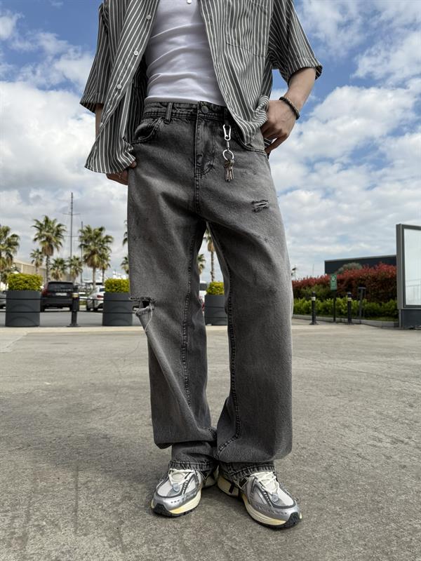 Tek Diz Yırtık Detaylı Baggy Pantolon - Gri