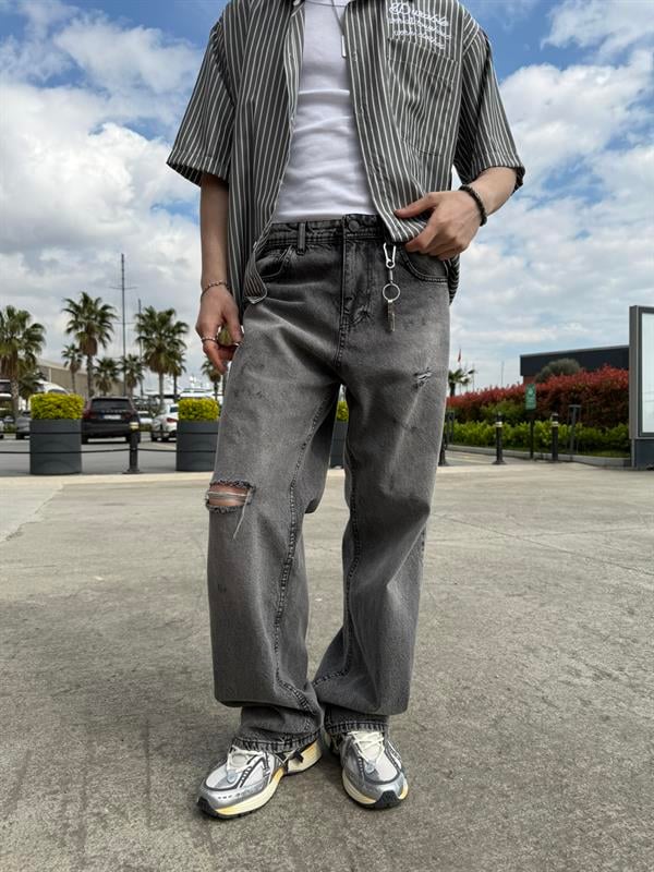 Tek Diz Yırtık Detaylı Baggy Pantolon - Gri