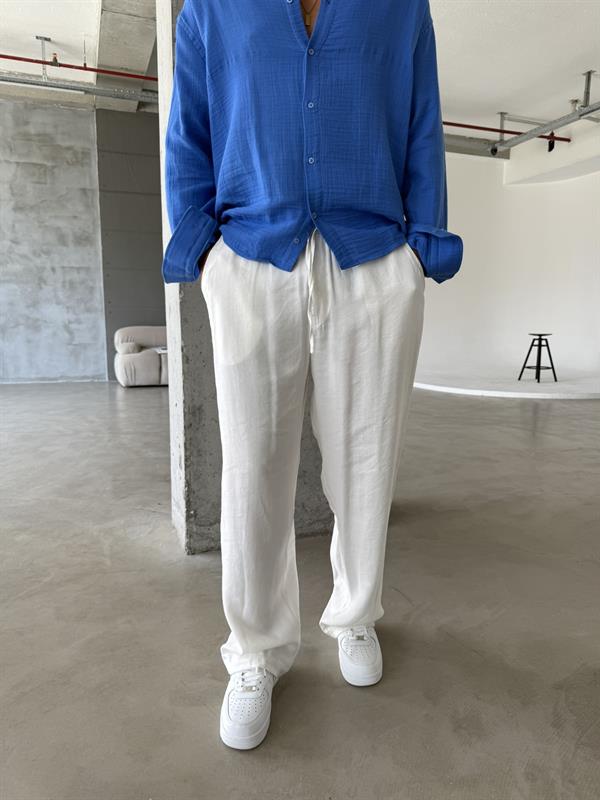 Tensel Kumaş Baggy Fit Pantolon-Beyaz