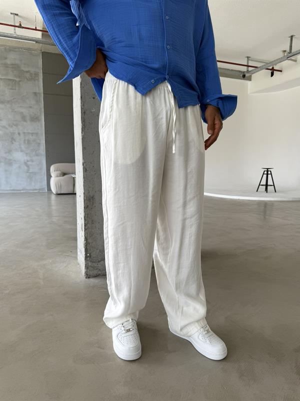 Tensel Kumaş Baggy Fit Pantolon-Beyaz