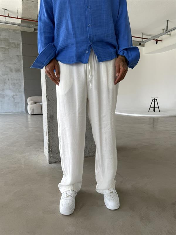 Tensel Kumaş Baggy Fit Pantolon-Beyaz
