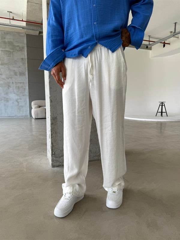 Tensel Kumaş Baggy Fit Pantolon-Beyaz